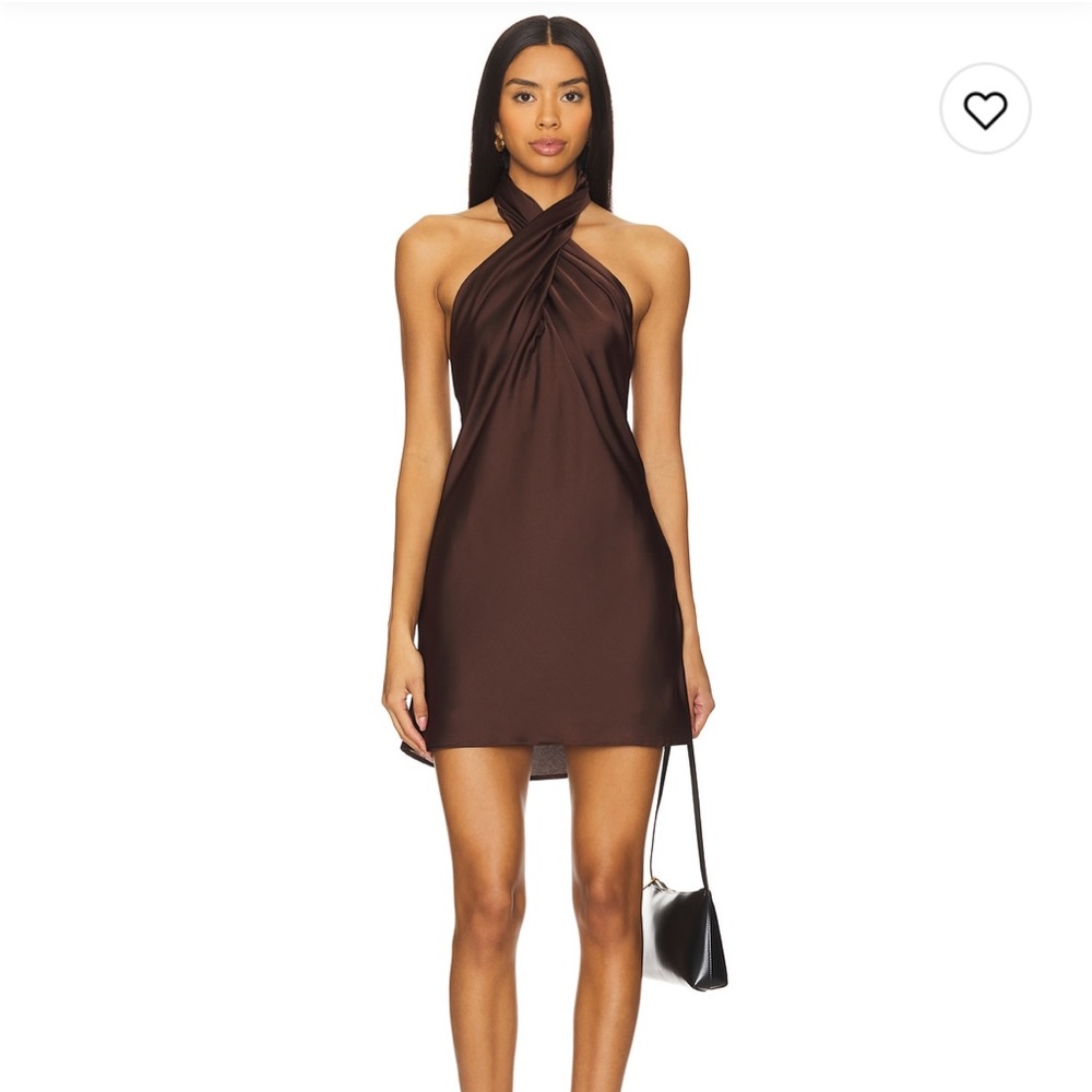 SHOW ME YOUR MUMU JASMINE HALTER MINI DRESS IN CHOCOLATE LUXE SATIN